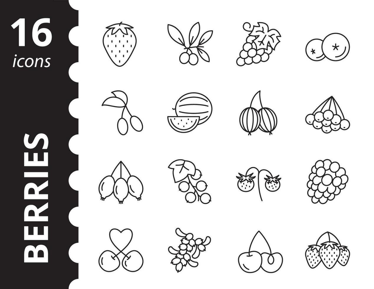 Set of berry icons. Contains such symbols as blueberry, gooseberry, grape, watermelon, raspberry, cherry and more. vector