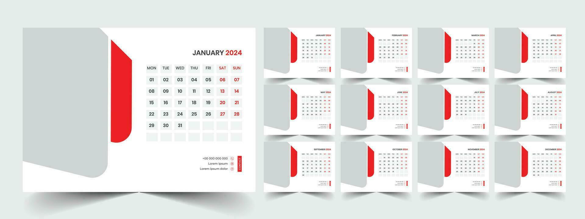 Desk Calendar 2024 template design, Office Calendar 2024 vector