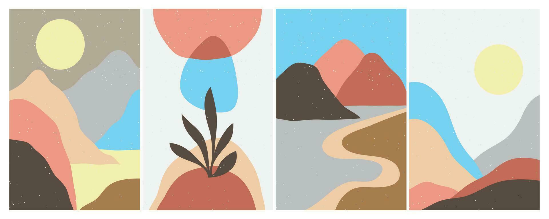 Set of creative abstract mountain landscape and mountain range backgrounds.Mid century modern vector illustrations with hand drawn mountains,sea or lake,sky,sun and moon.Trendy