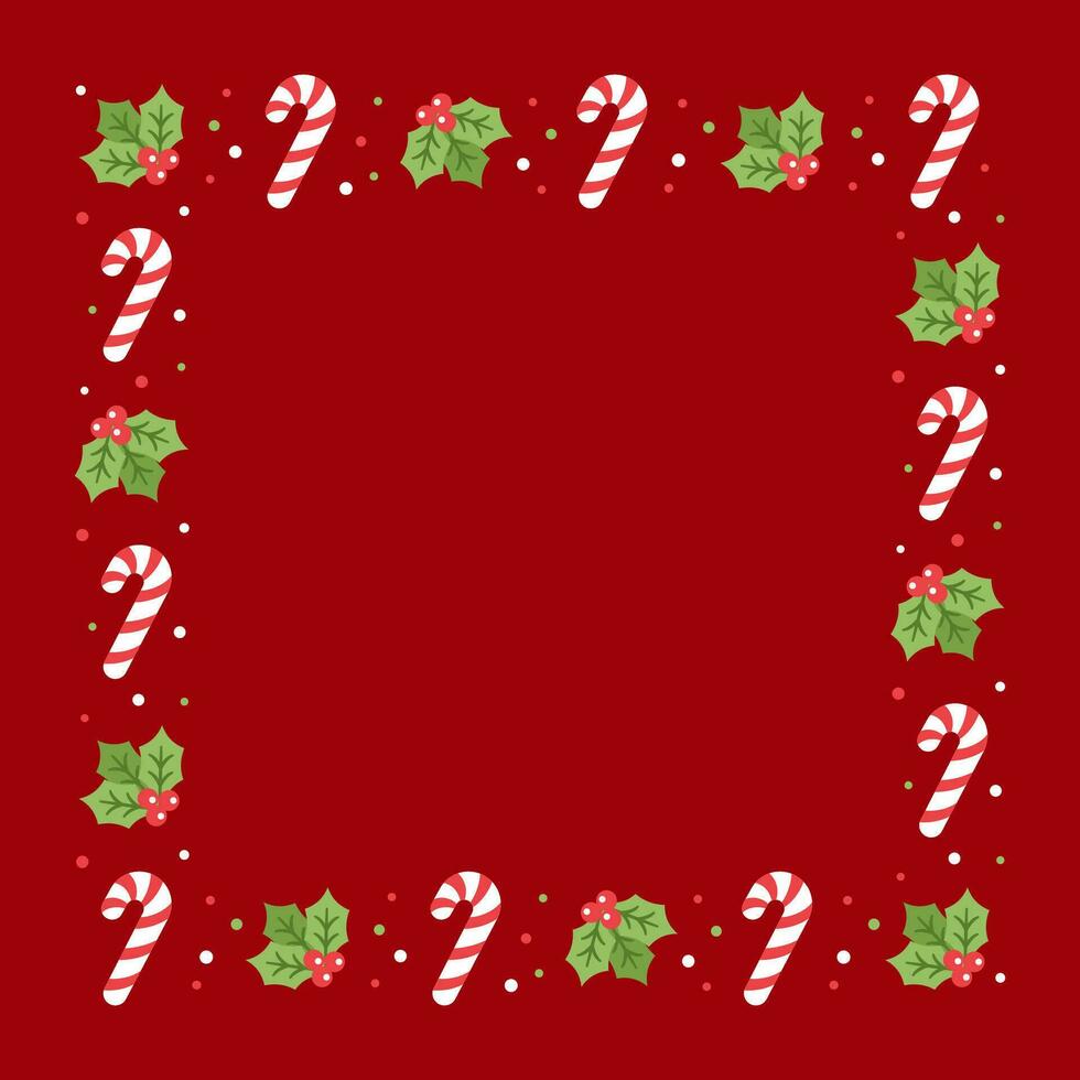 Square Christmas Frame Border, Winter Holiday Graphics. Cute Mistletoe and Candy Cane pattern, card and social media post template vector illustration.