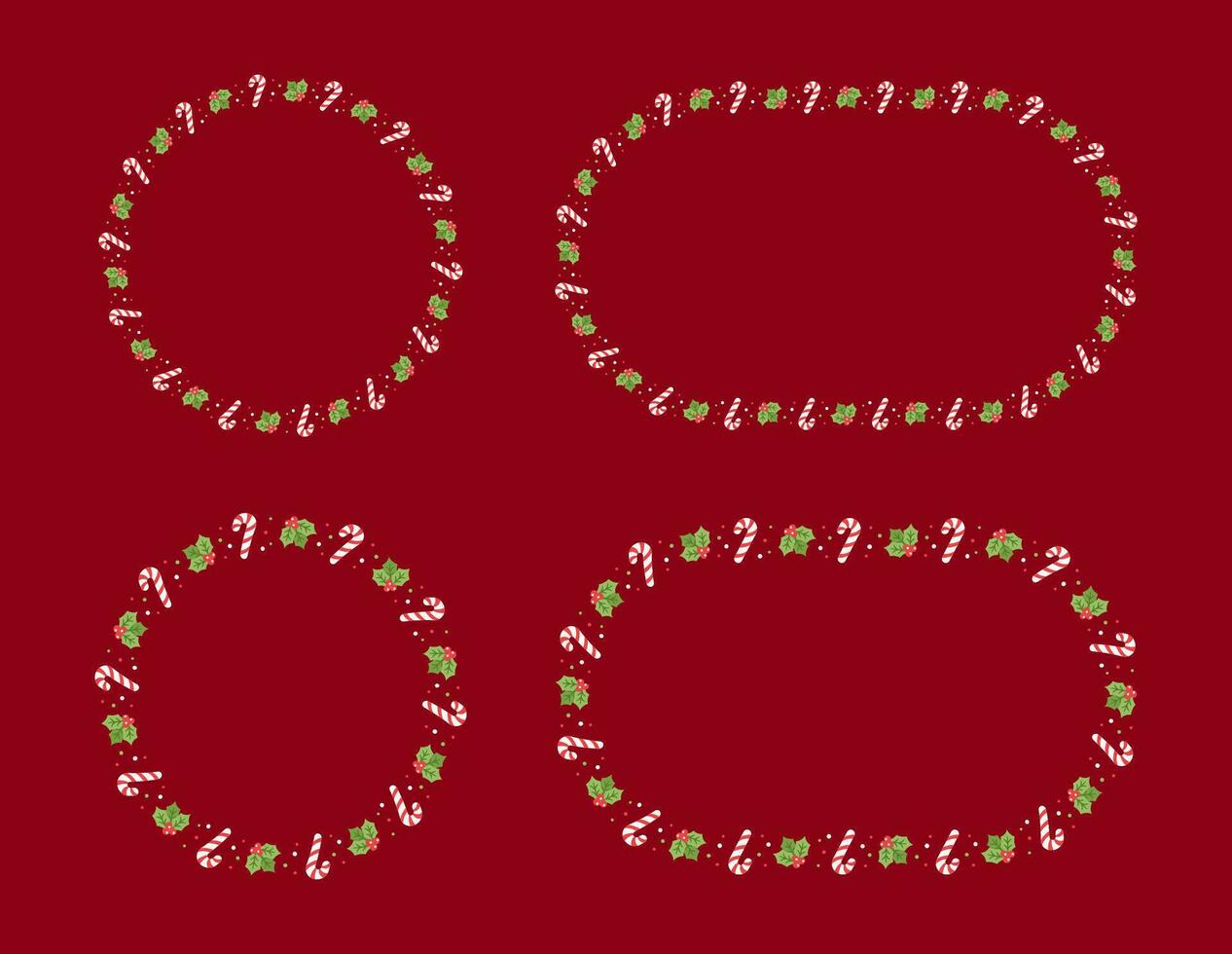 Round and Oval Christmas Frame Border Set, Winter Holiday Graphics. Cute Mistletoe and Candy Cane pattern, card and social media post template vector illustration.