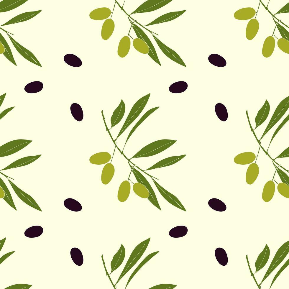 Olives pattern with hand drawn olive branch and berry. vector
