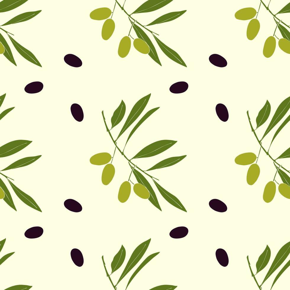 Olives pattern with hand drawn olive branch and berry. vector