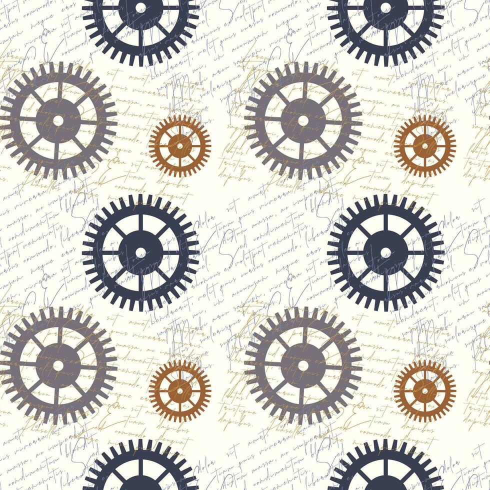 Steampunk style pattern with gear wheels and old Lorem ipsum text, vintage antique steampunk background. vector