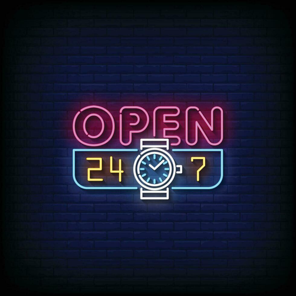 Neon Sign open 24 7 with brick wall background vector