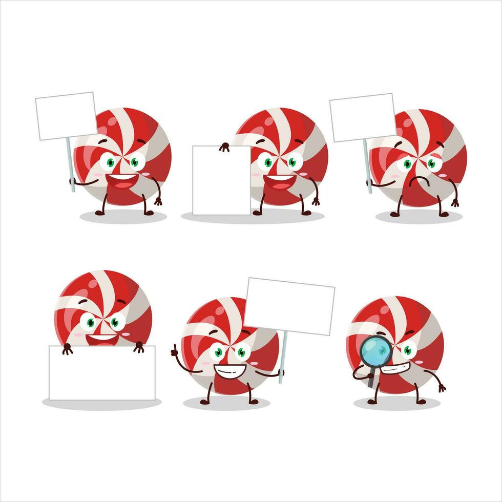 Red candy cartoon character bring information board vector