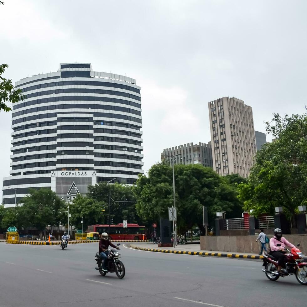 Delhi, India, March 31 2023 - Famous business district Connaught Place know as CP Delhi in the centre of New Delhi India with Offices, Banks and Shopping. British style architecture CP in Delhi, India photo