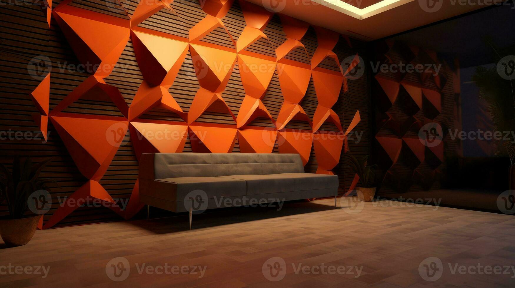 Modern living room with wooden geometric wall, Generative AI photo