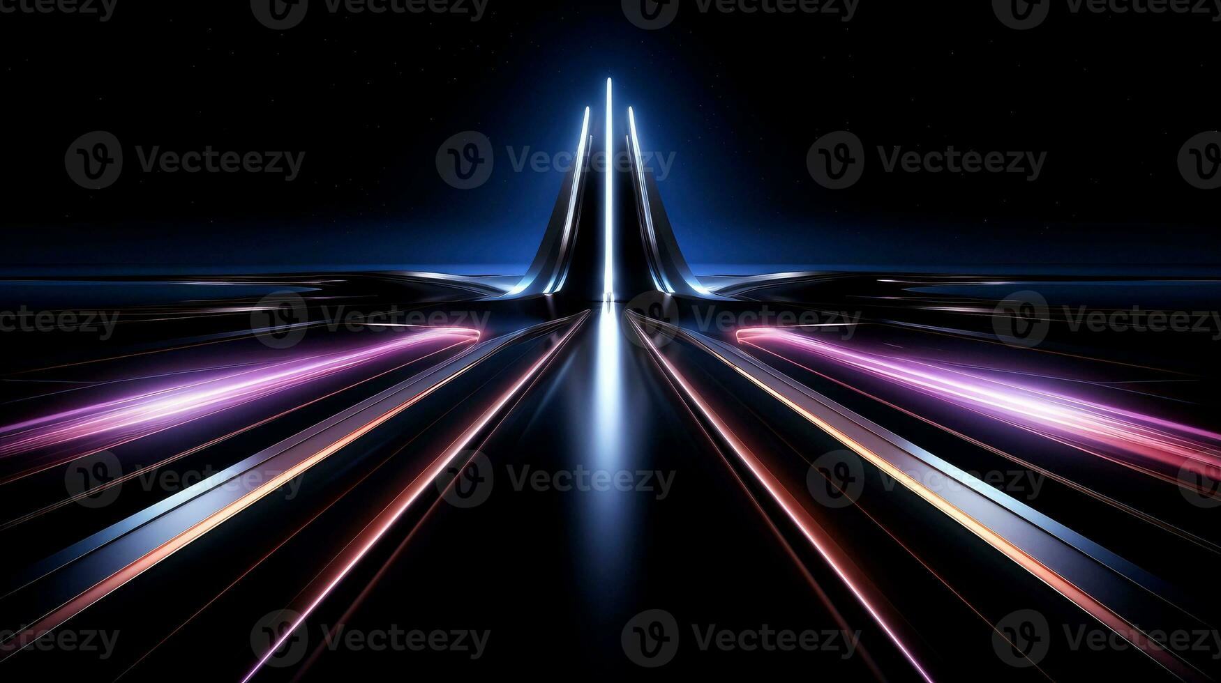 Abstract futuristic neon glowing lamps in dark corridor, Technology background, Generative AI photo