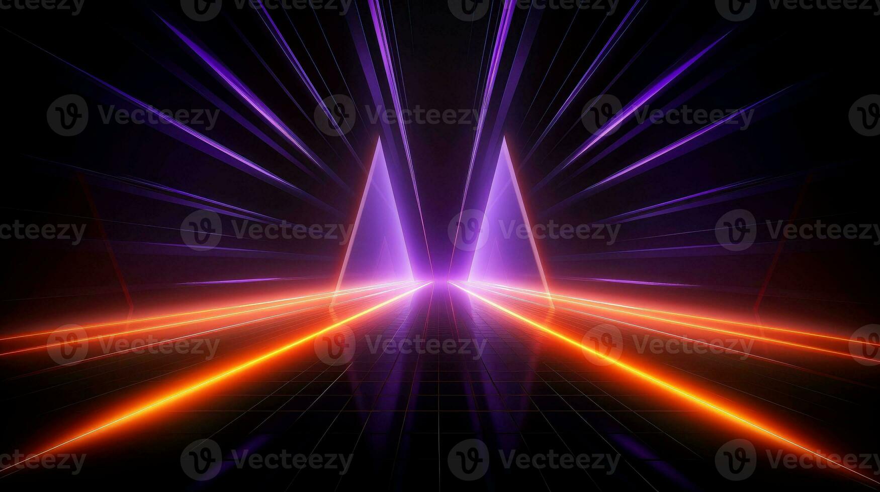 Abstract futuristic neon glowing lamps in dark corridor, Technology background, Generative AI photo