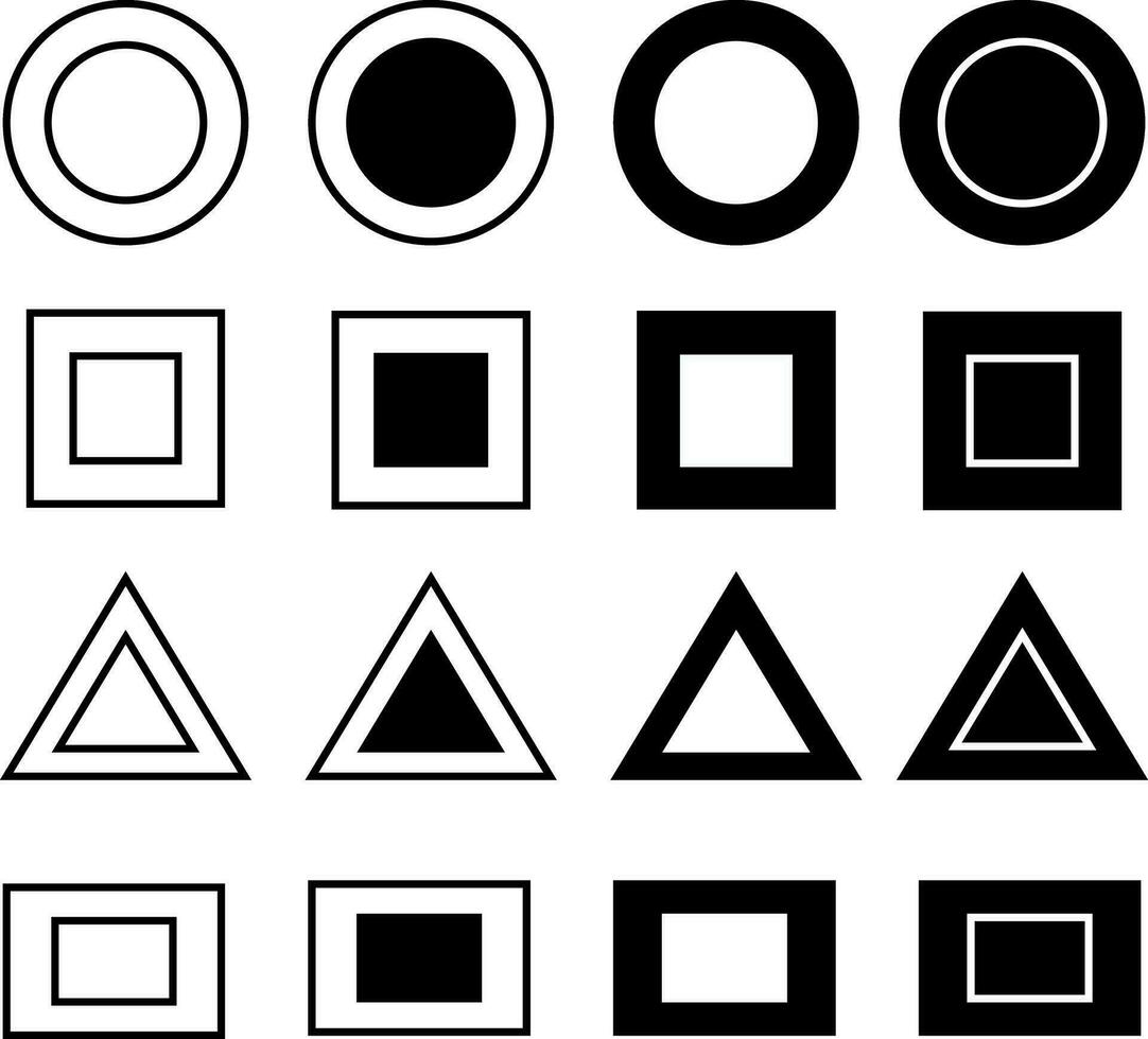 A collection or set of geometric shapes in the form of circles, squares, rectangles and triangles with similar shapes in them vector
