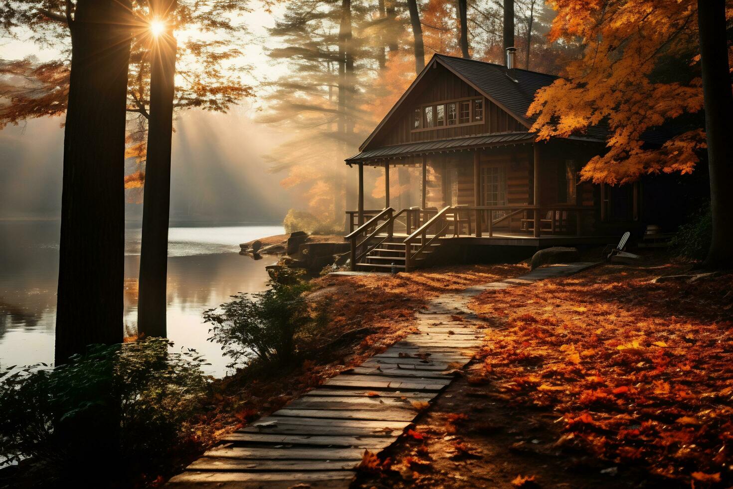 sunrise over a forest landscape with autumn foliage AI Generative photo