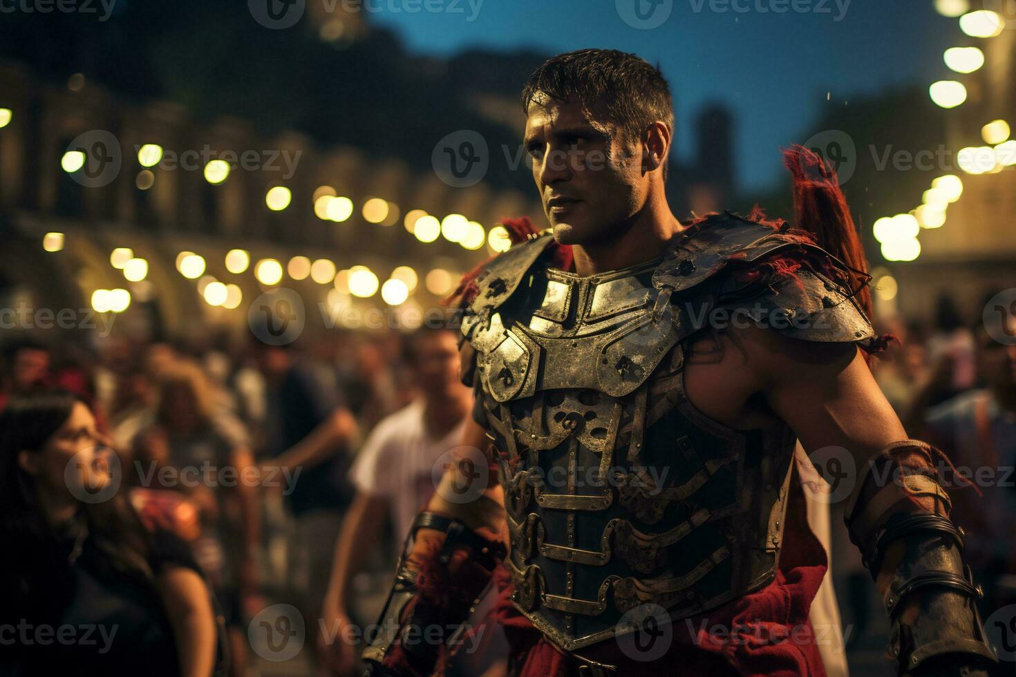 un calle ejecutante vestido como un romano gladiador un foto de un corredor corriendo mediante un ciudad parque ai generativo