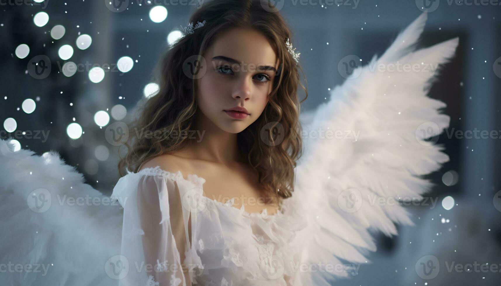 Innocent Young girl with Long Blond Hair with angel wing AI Generative photo