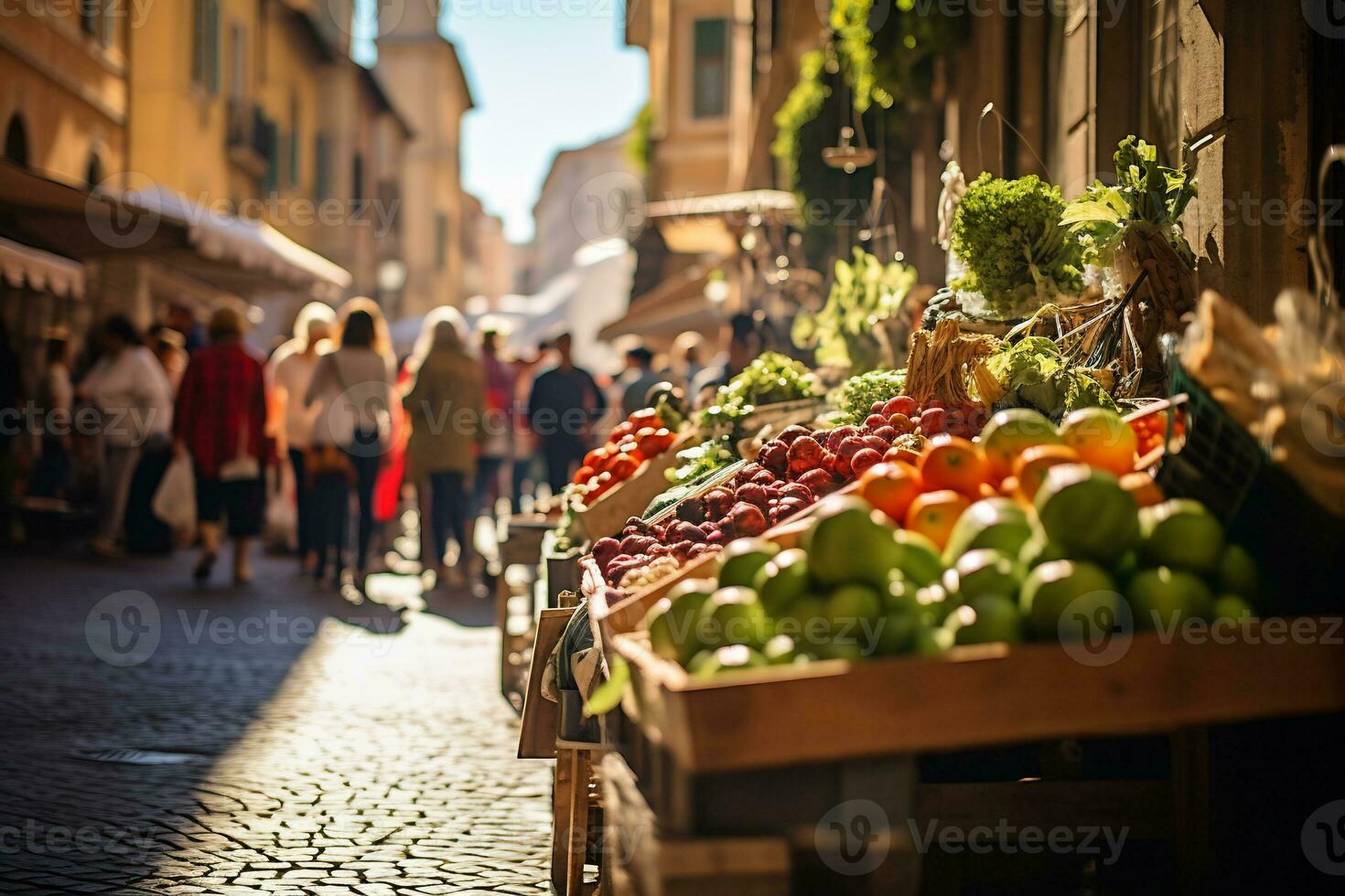 un foto de un bullicioso calle mercado en Roma ai generativo