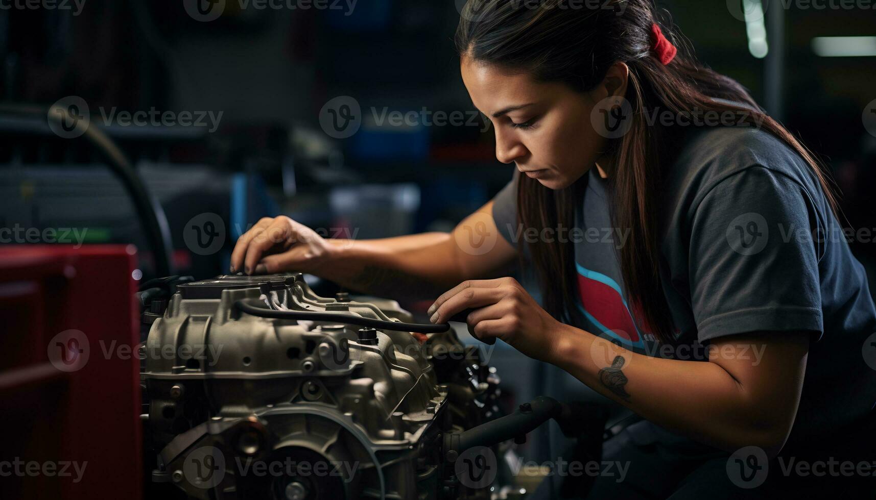 hembra mecánico reparando coche en taller generativo ai foto