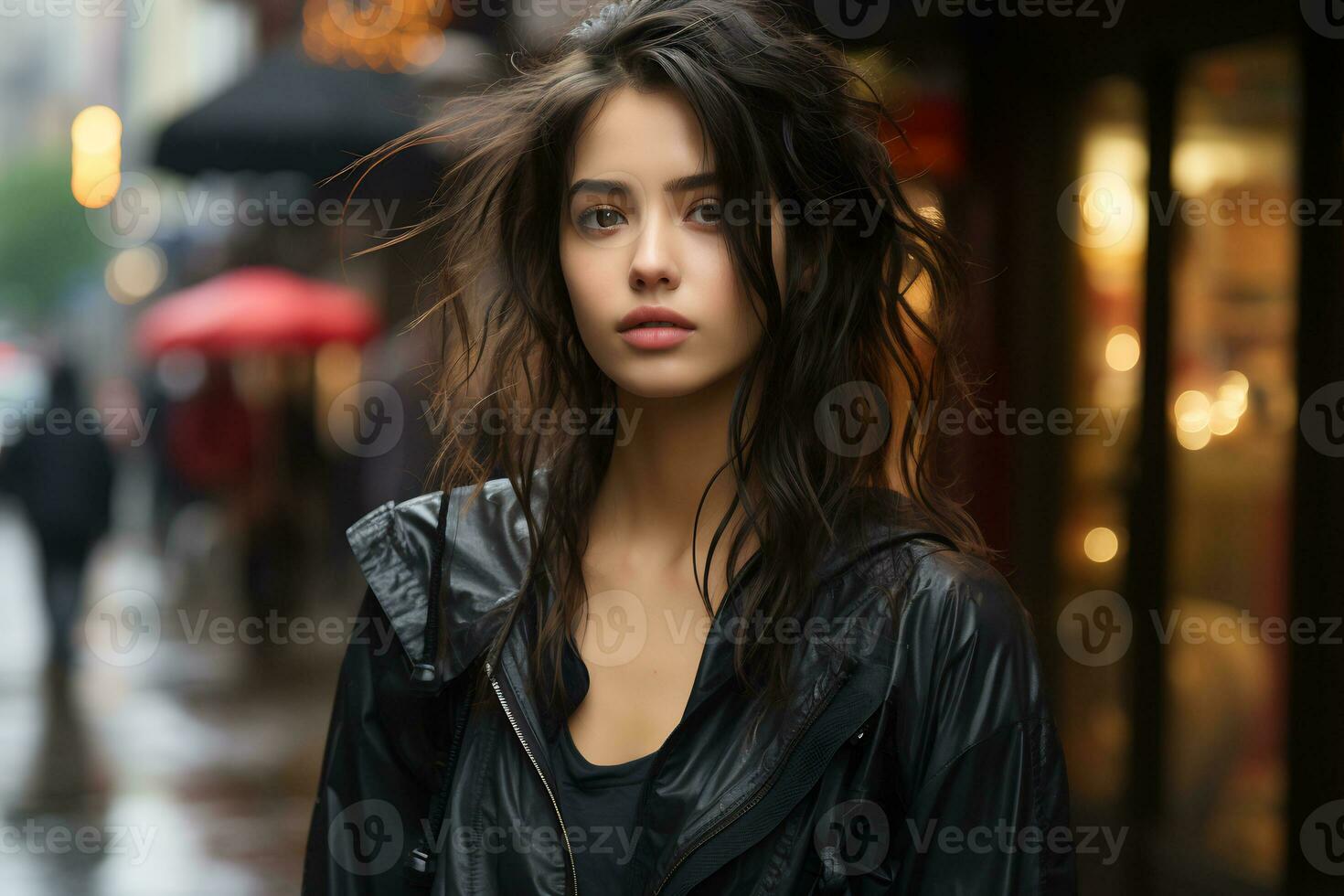 Asian girl with fashionable outfit posing in bustling city Generative AI photo