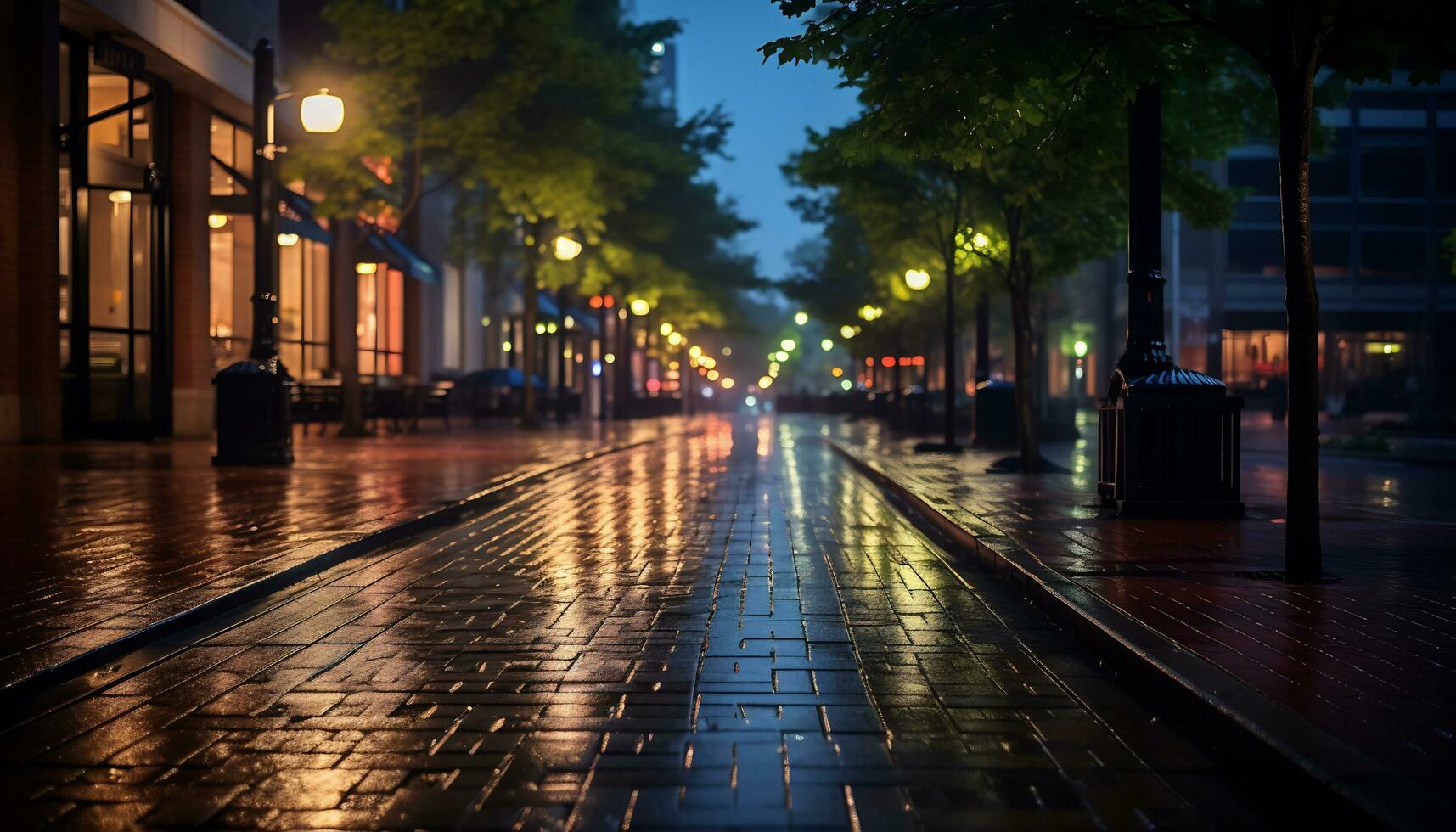 sidewalk at night after rain with wet streets Ai Generative photo