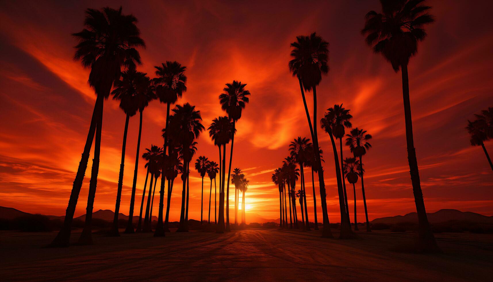 dramatic palm tree silhouette of desert sunset Generative AI photo