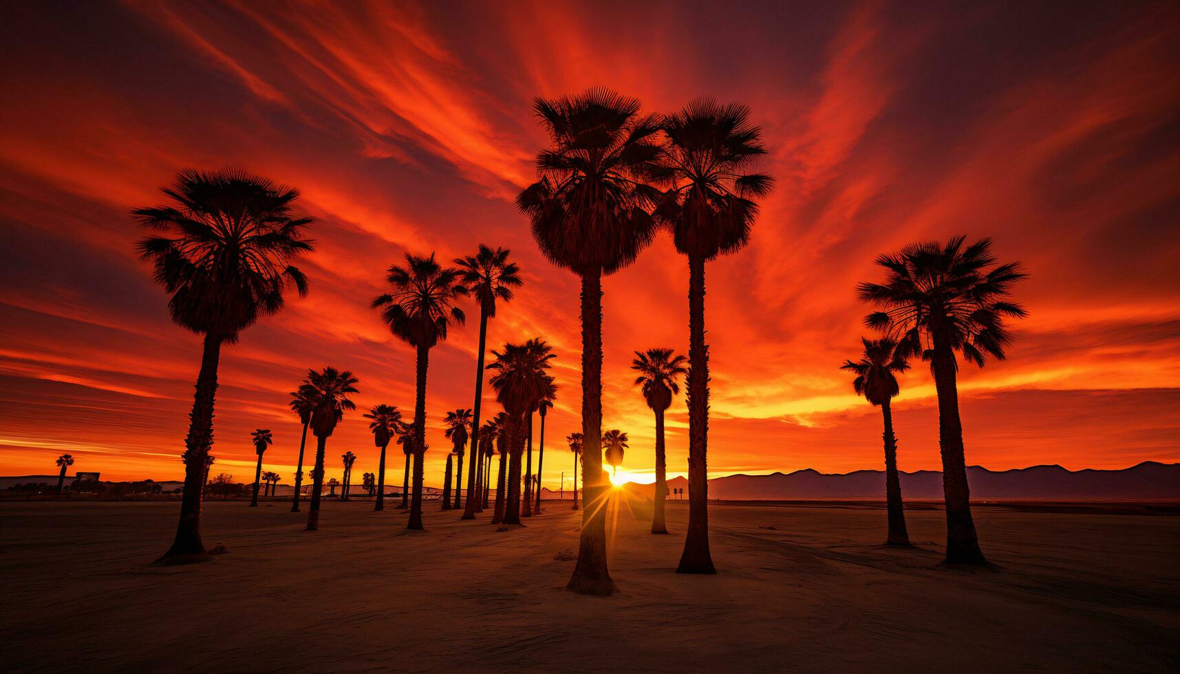 dramatic palm tree silhouette of desert sunset Generative AI photo