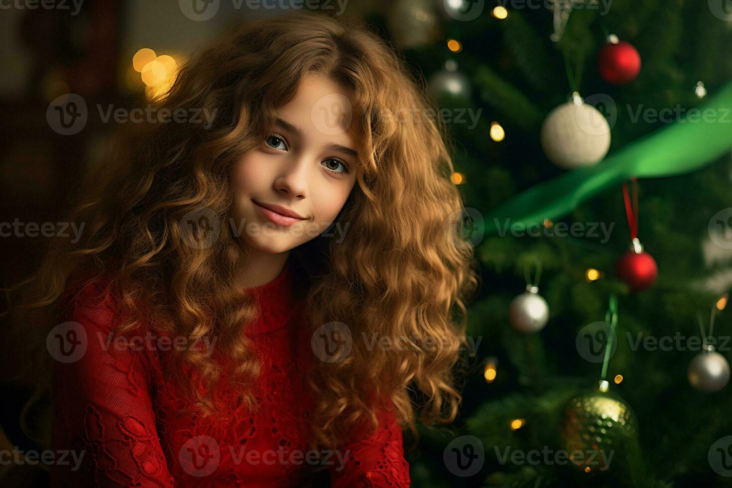 A young girl wearing red and green dress in front of the decorated Christmas tree AI Generative photo