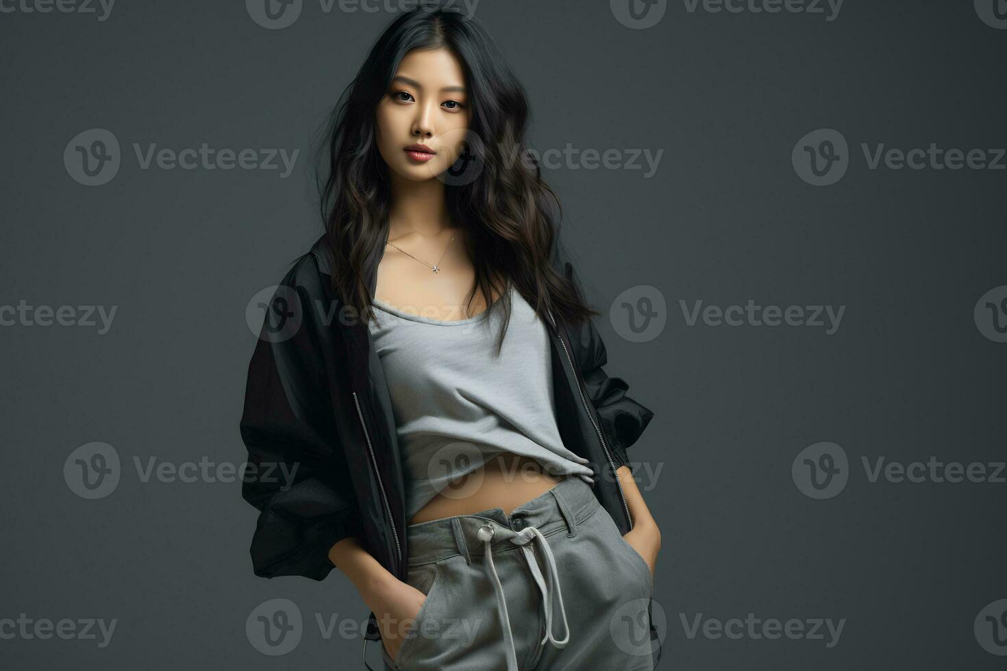 asian model in casual clothes posing in plain solid studio background Ai Generative photo