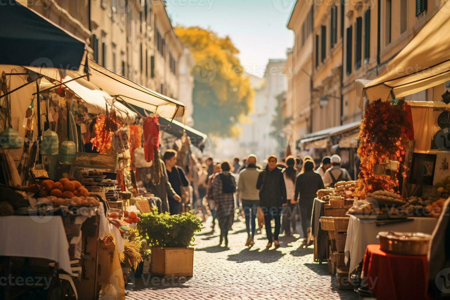 un foto de un bullicioso calle mercado en Roma ai generativo