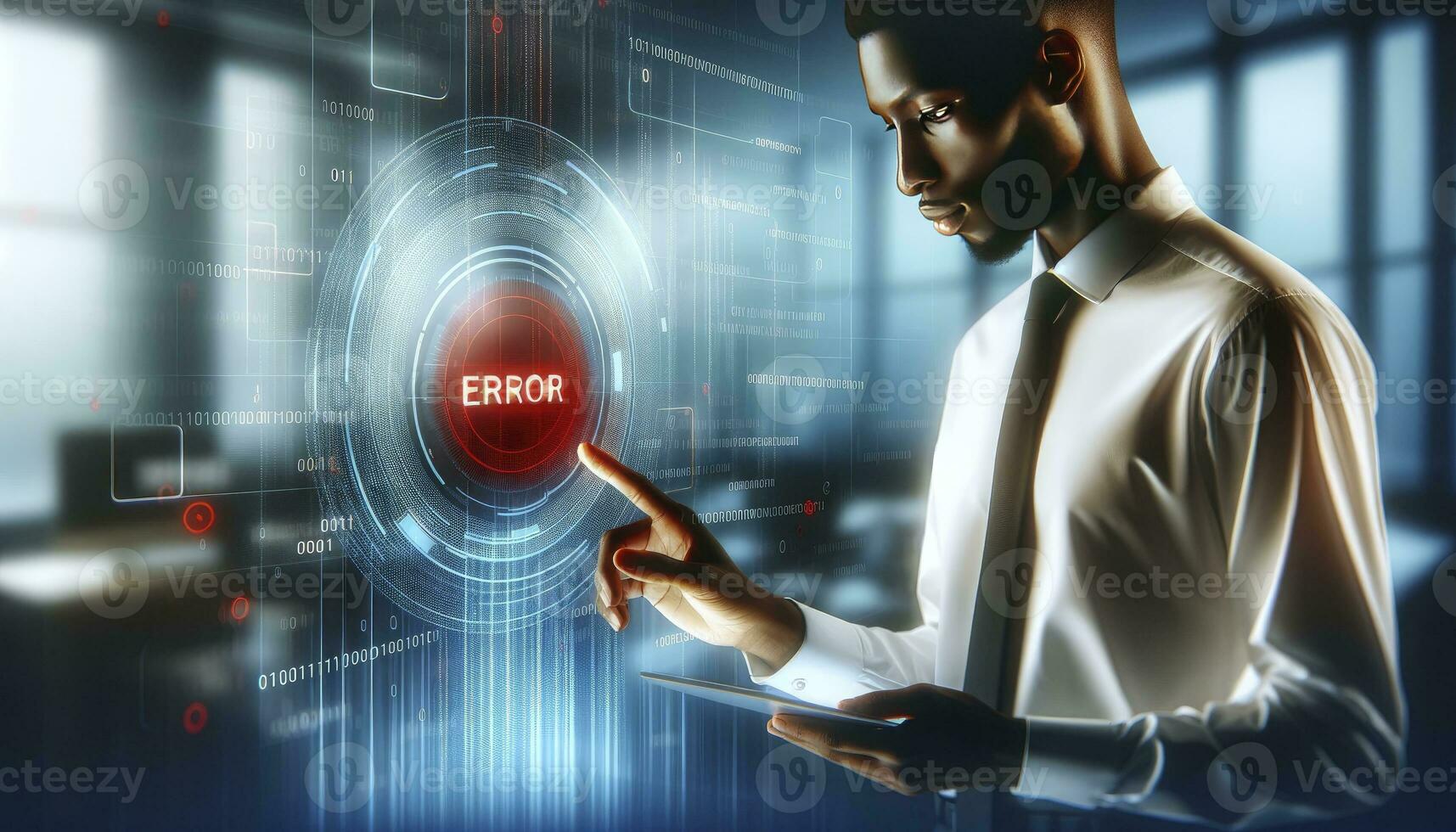 A businessman of African descent working on a virtual monitor with an error notification. AI Generative photo