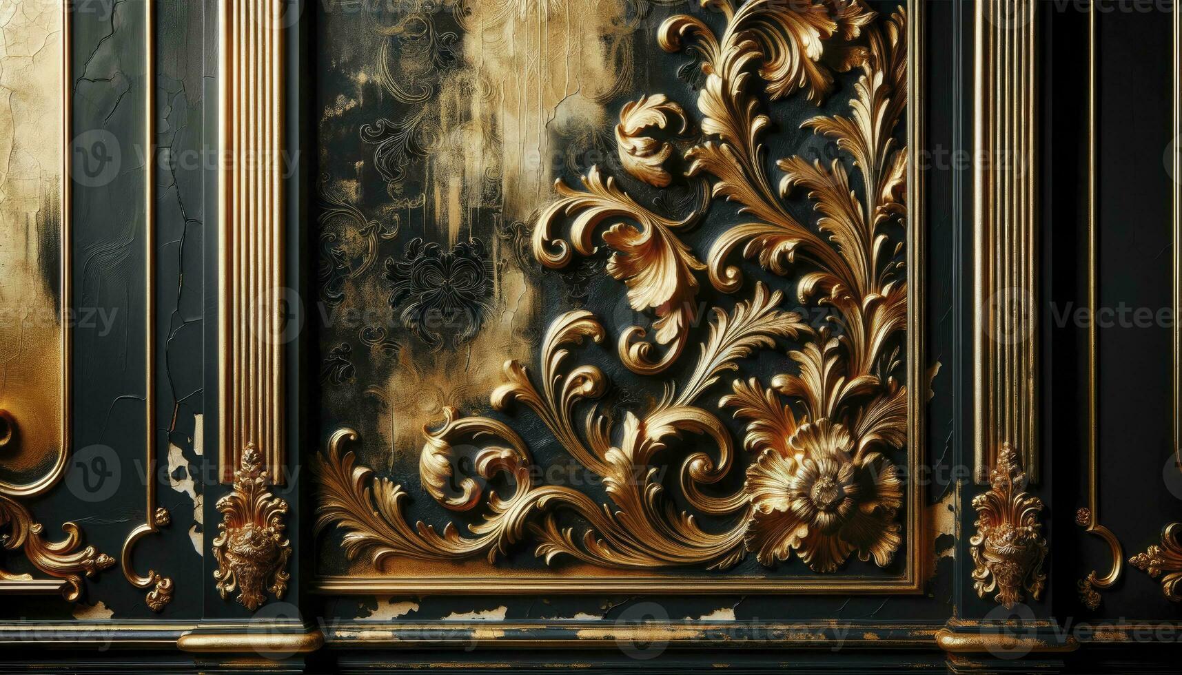 A photo showcasing a black wall with golden rococo ornaments, highlighting a luxurious yet vintage and distressed look. AI Generated