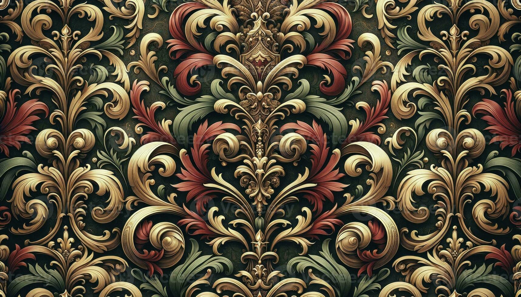 A photo of wallpaper that showcases a lavish Victorian Gothic pattern with detailed Rococo designs in a royal color scheme. AI Generated