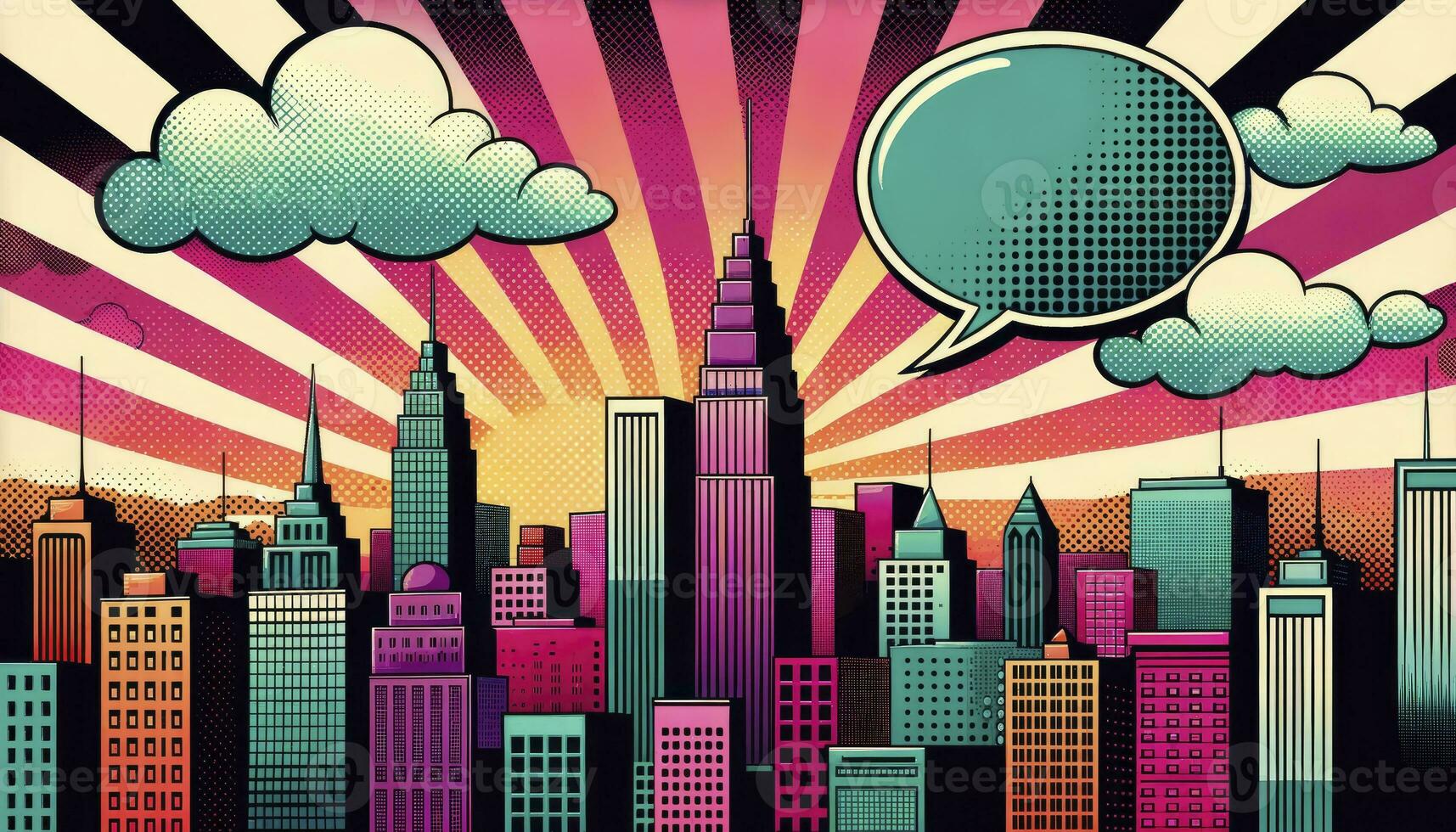 A cityscape rendered in the vintage pop art style. AI Generative photo