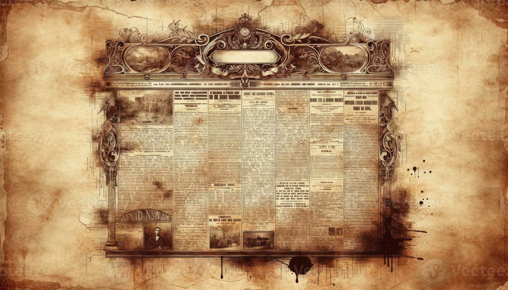 A vintage newspaper, artistically aged with sepia tones, featuring faded headlines, creases, and coffee stains to capture the essence of an antique newspaper. AI Generated photo