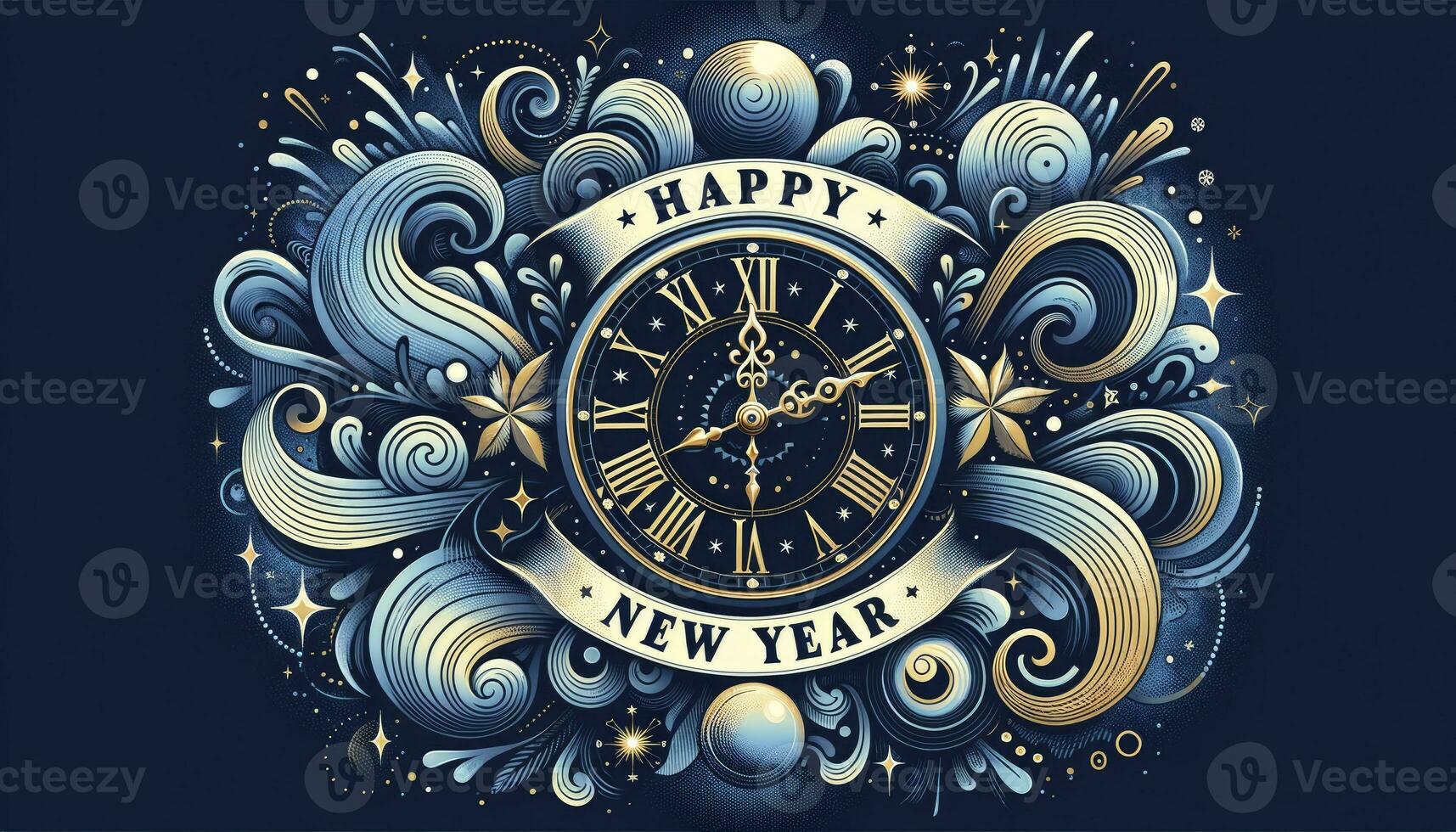 A large ornate clock striking midnight, surrounded by snowflakes and stars. AI Generative photo