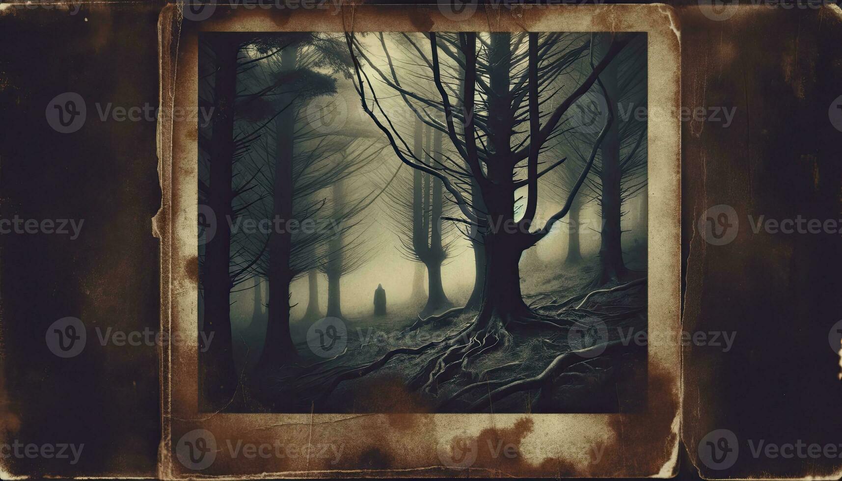 Styled like an old grunge vintage polaroid capturing a dark, eerie forest scene with a mysterious silhouette. AI Generated photo