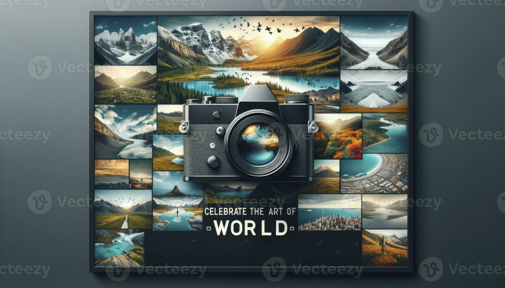 A collage featuring landscape photographs with a modern camera in the center. AI Generative photo