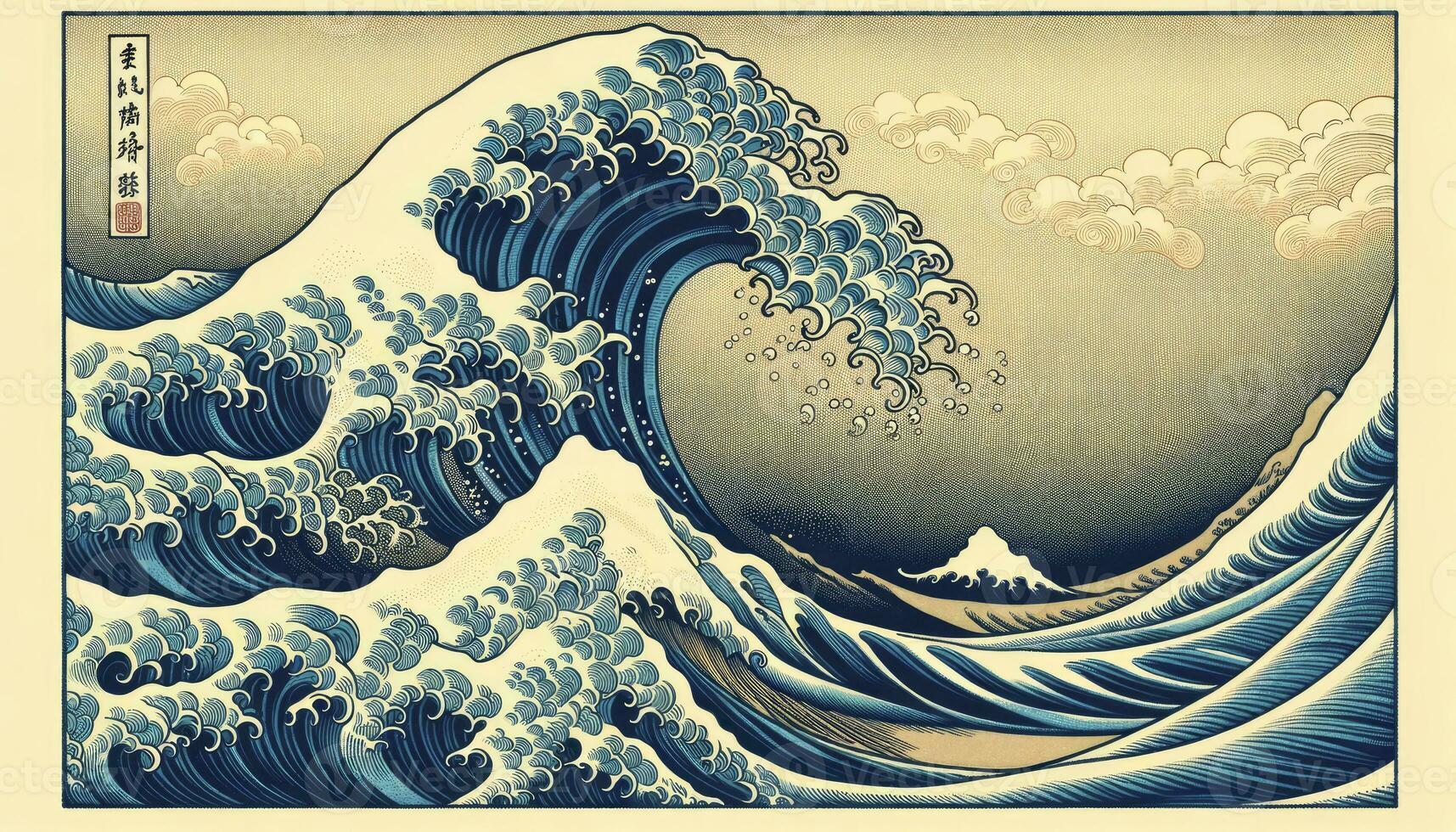 A drawing that evokes the classic ukiyo-e woodblock prints with detailed wave crest and swirling patterns. AI Generated photo