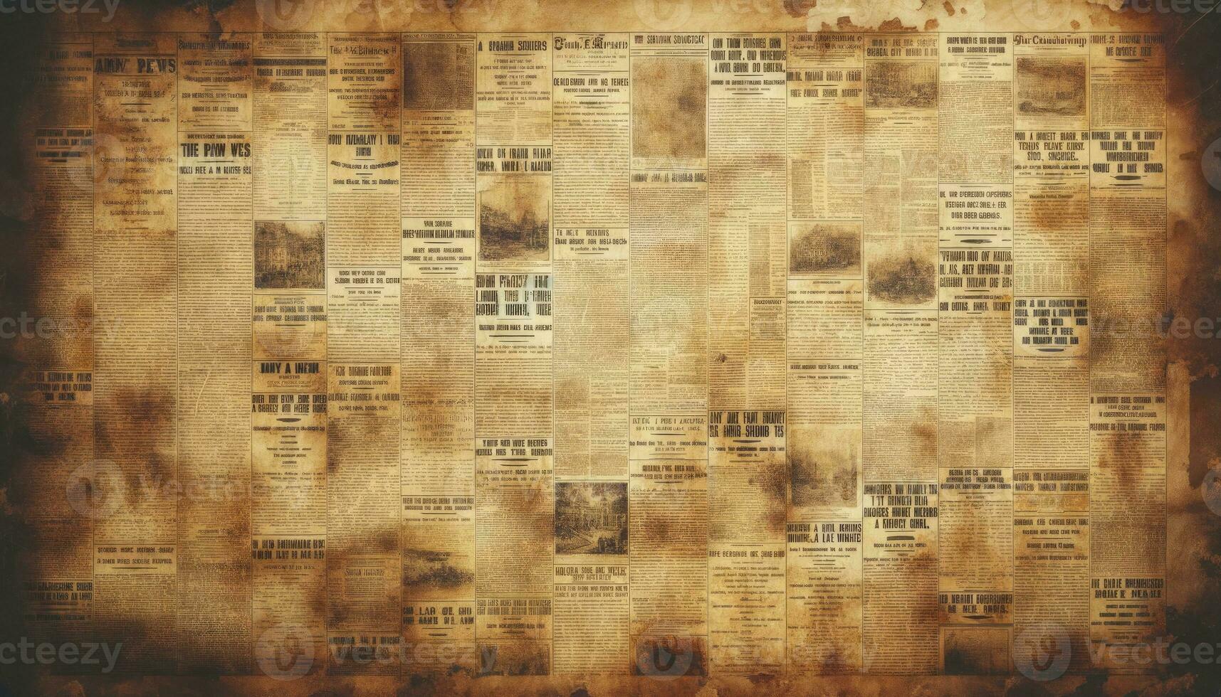 Capturing the nostalgic feel of a yellowed newspaper with signs of wear and tear, faded ink, and random old news headlines. AI Generated photo