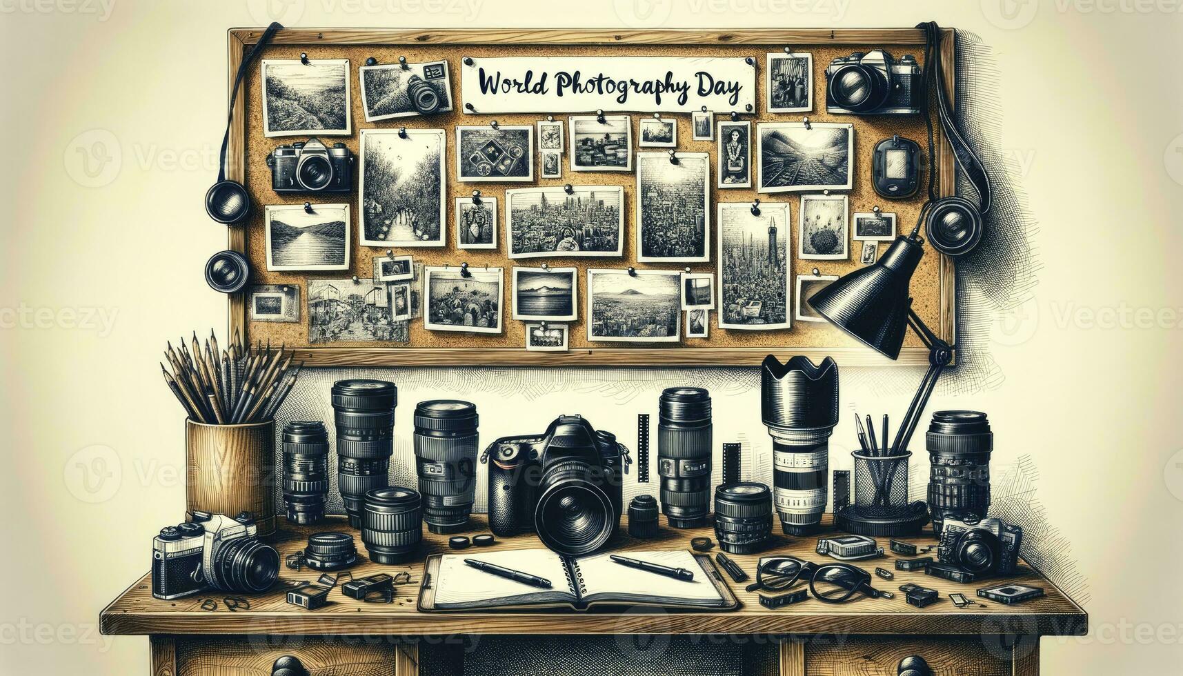 A depiction of a photographer's workspace with camera equipment and pinned photographs. AI Generative photo