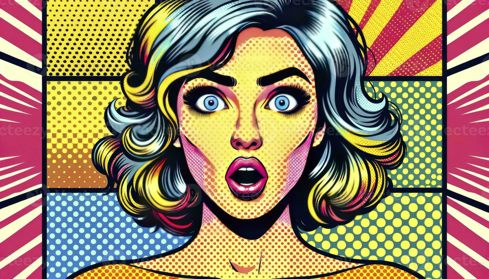 A woman with a surprised expression, styled in the vintage pop art effect. AI Generative photo