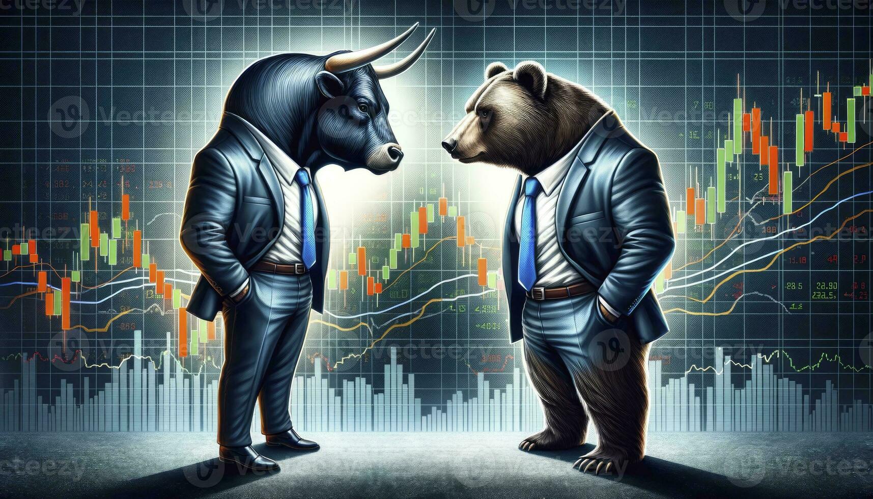 The bull and bear in a confrontational stance, set against a stock market background. AI Generative photo