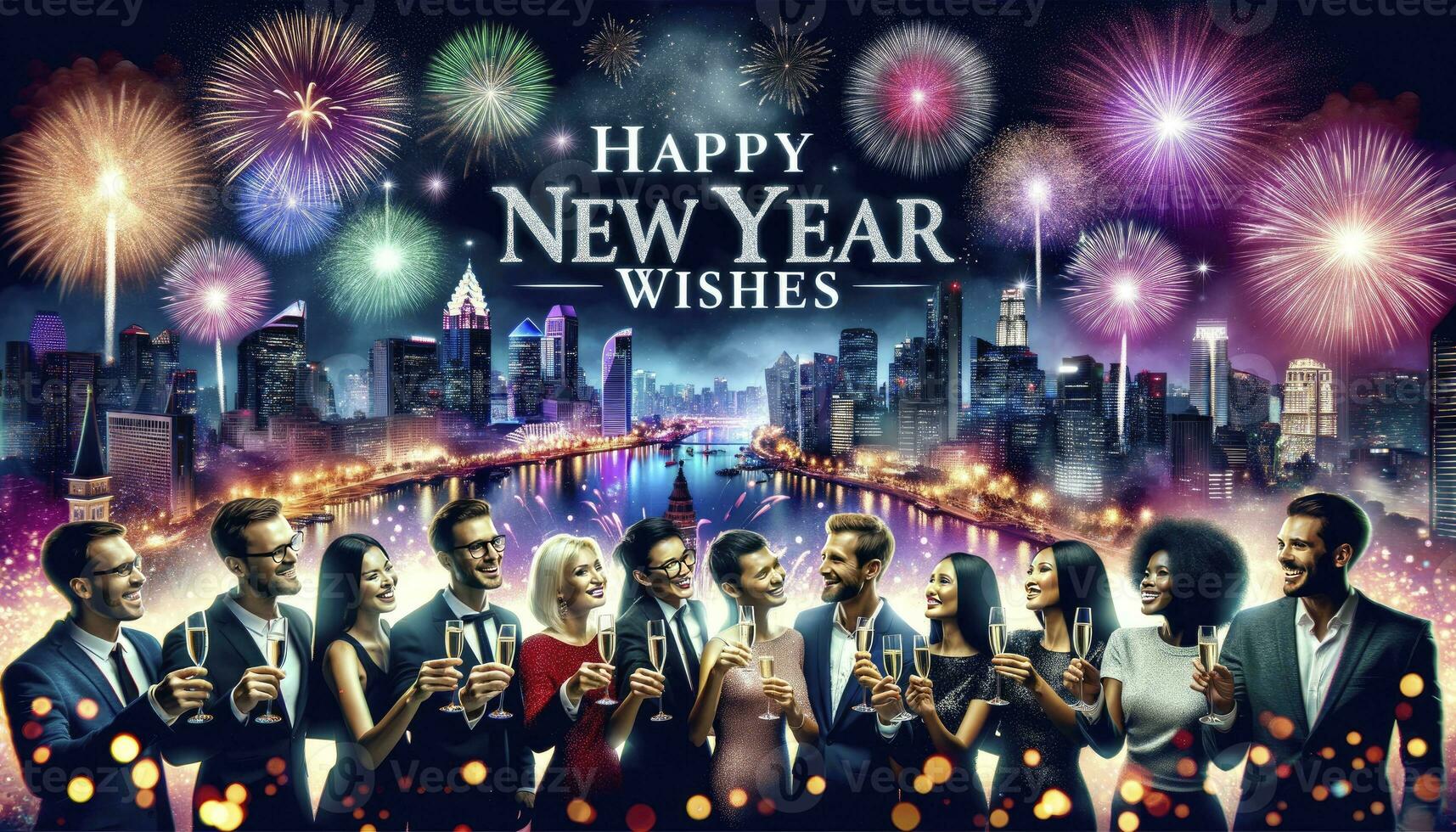 A vibrant New Year's celebration scene with a city skyline and fireworks, featuring a diverse group of people toasting with champagne. AI Generative photo