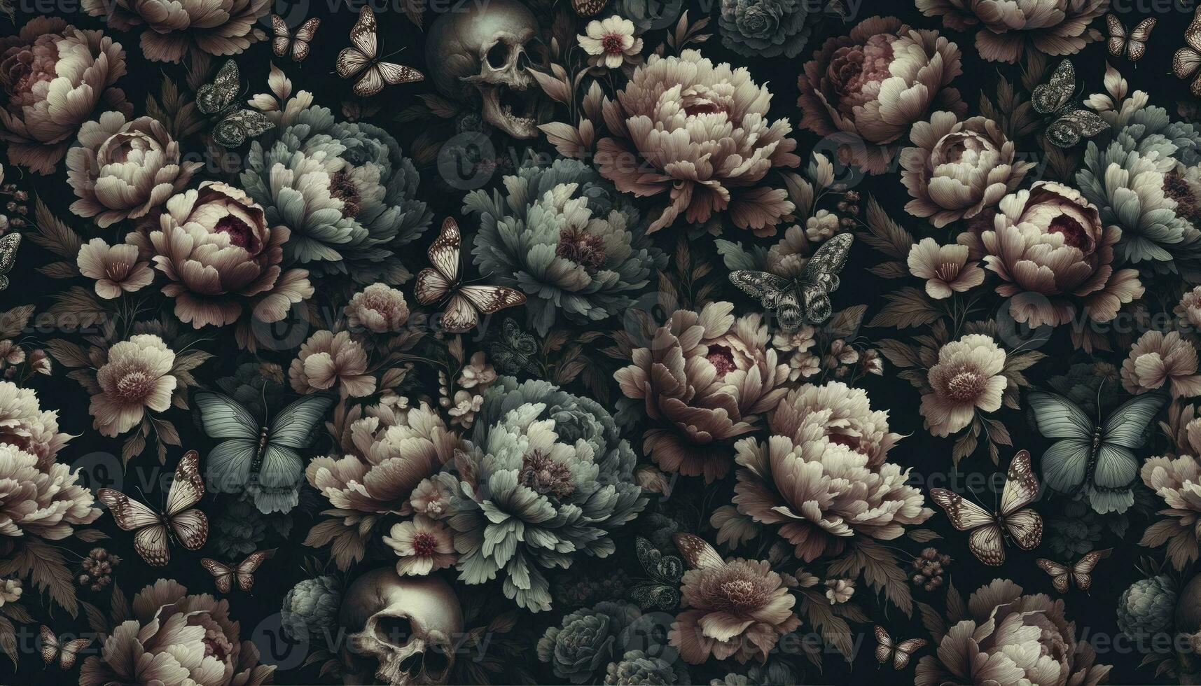 Design with deep tones, featuring peonies, butterflies, and subtle skull motifs, creating a balance between beauty and darkness. AI Generated photo