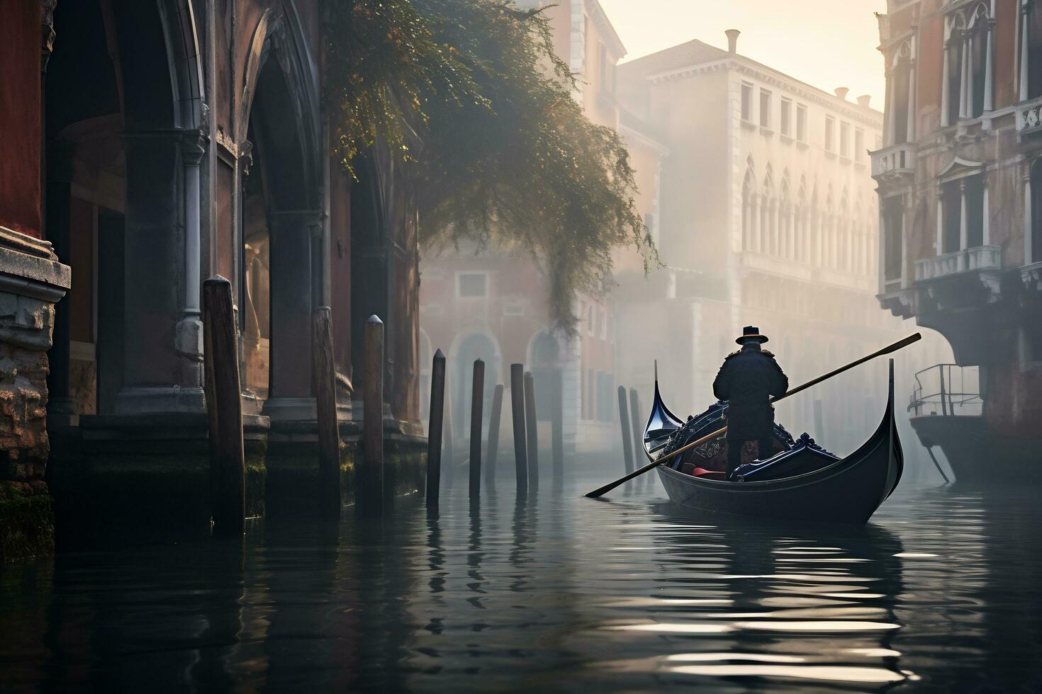 a gondolier gracefully navigating a canal Generative AI photo