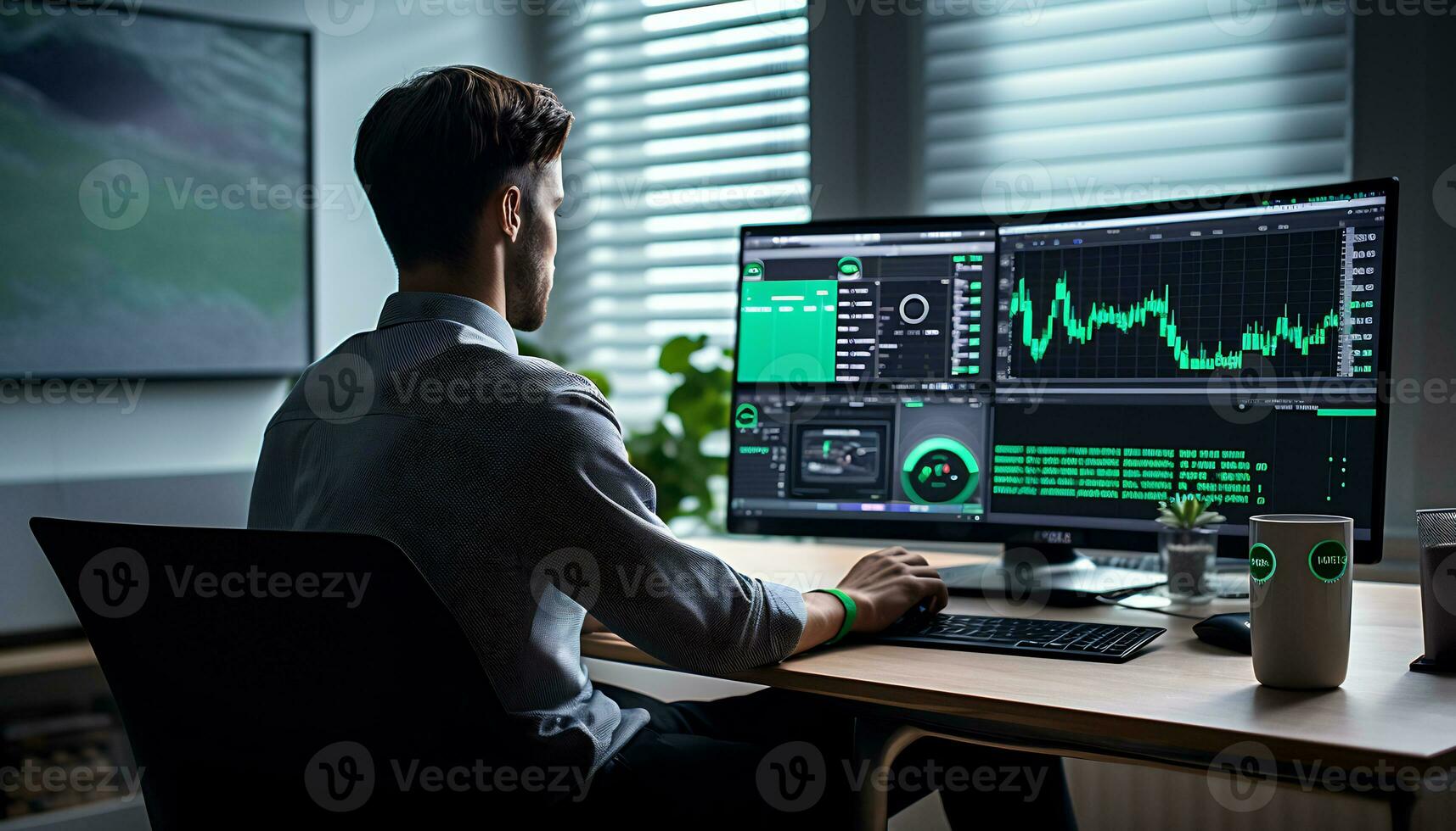 A male trader is monitoring a chart Generative AI photo