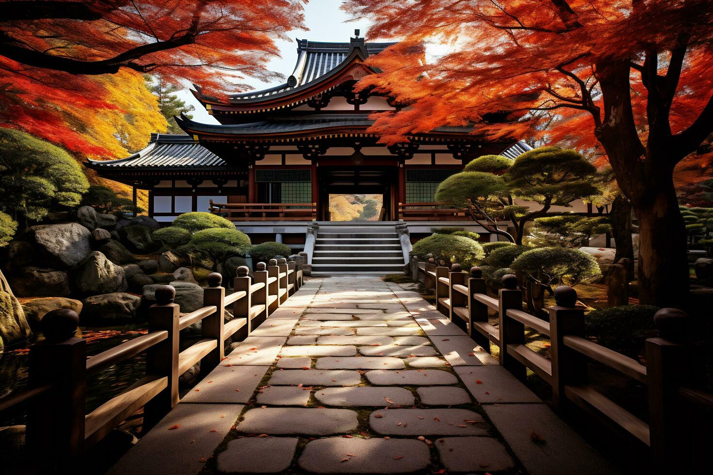 Kyoto temple adorned with vibrant autumn AI Generative photo