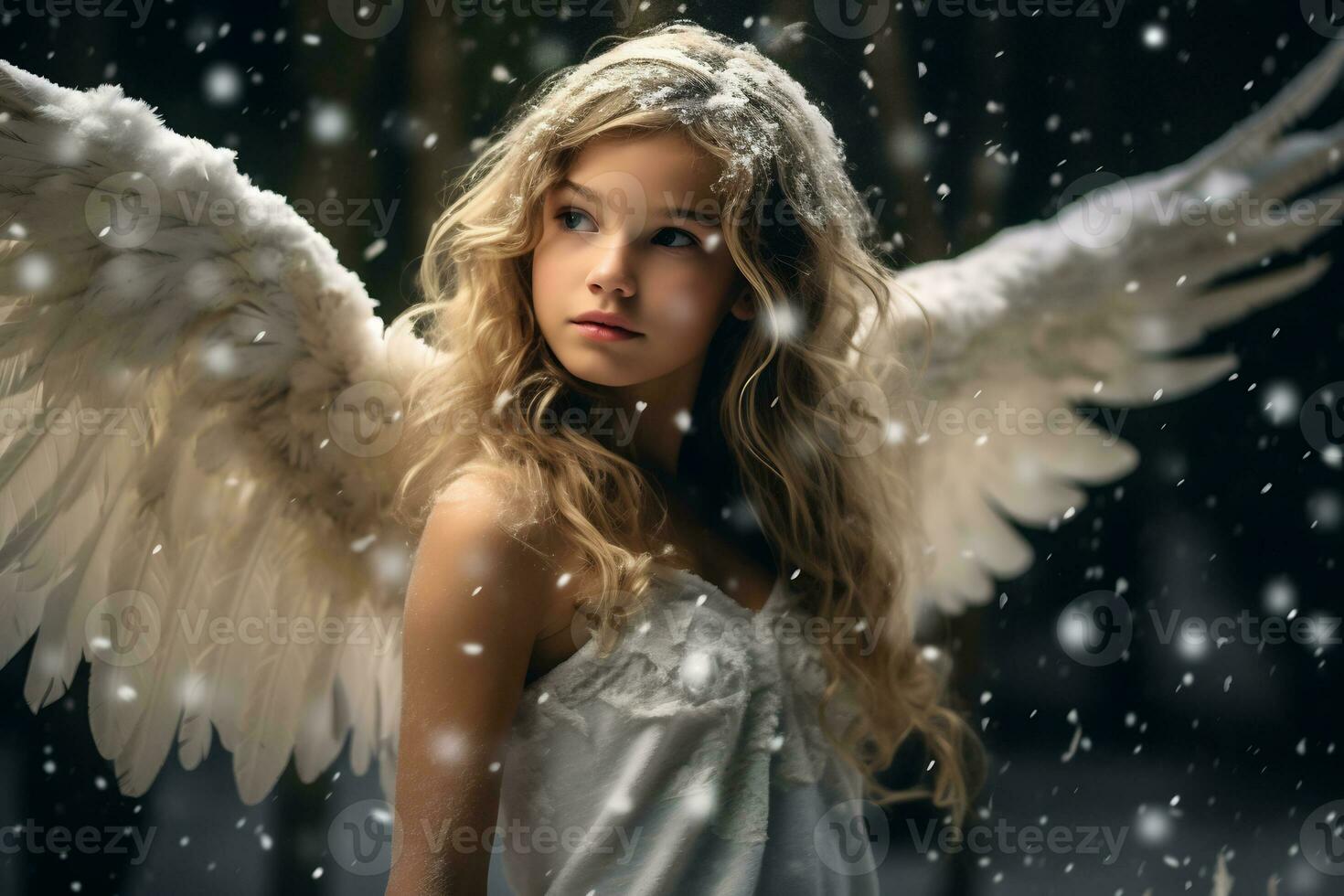 Innocent Young girl with Long Blond Hair with angel wing AI Generative photo