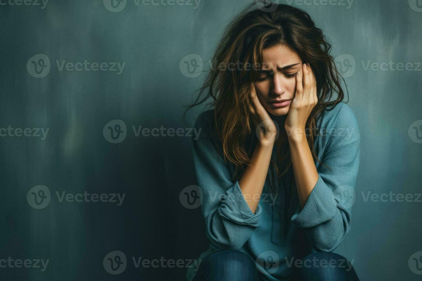 Patient showing signs of despair in a hospital room isolated on a gradient background photo