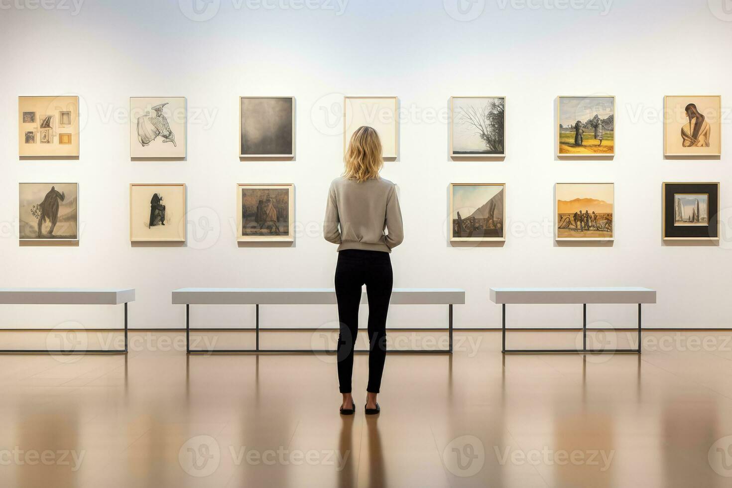 Melancholic visitor contemplating artwork in gallery isolated on a gradient background photo