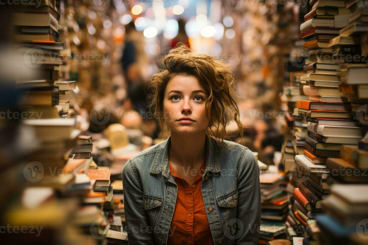 Dispirited person amidst crowded bookstore reflecting profound emotional vacuum photo