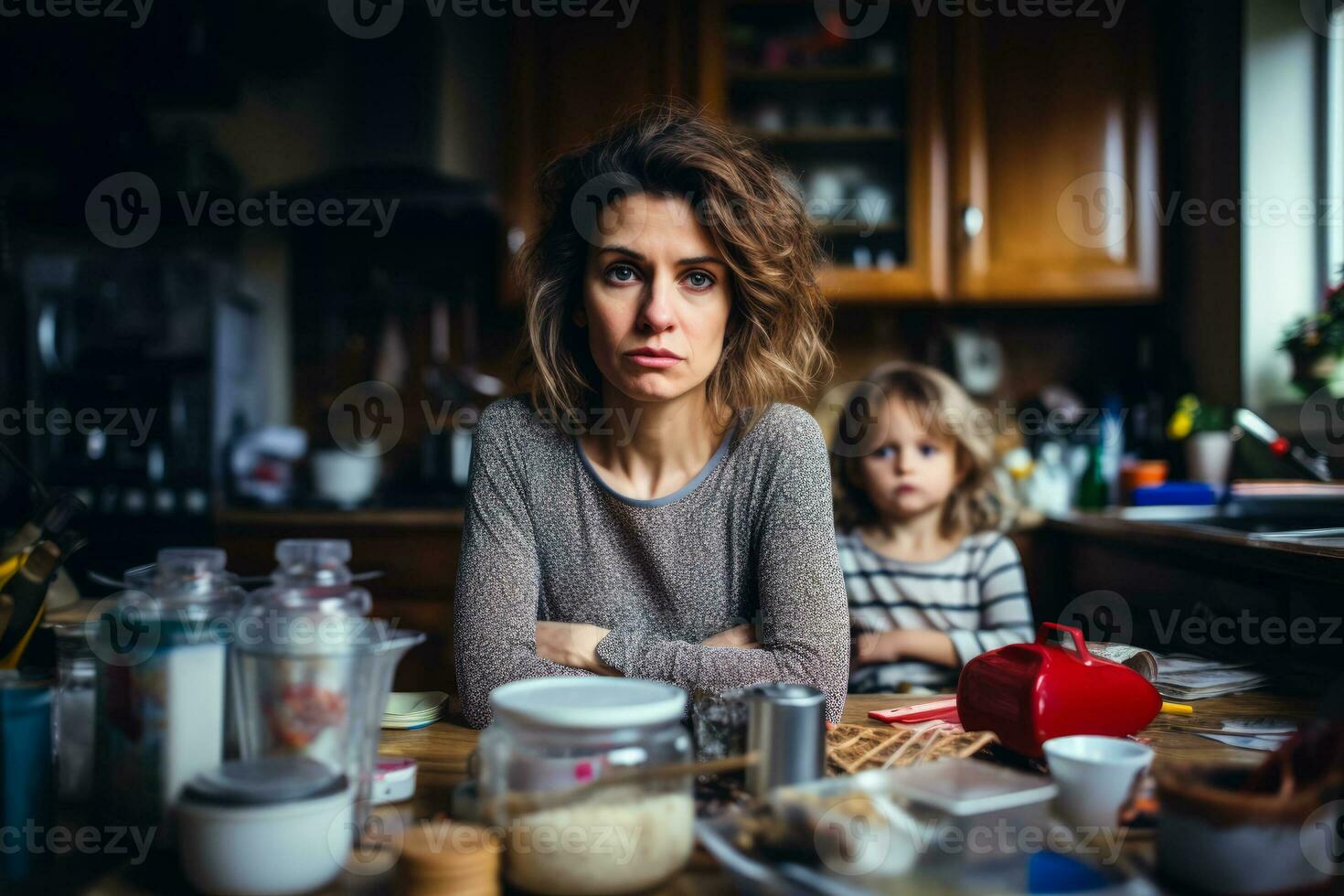 Stressed single mother in cluttered kitchen background with empty space for text photo